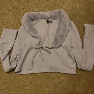 Purple long sleeve cardigan.